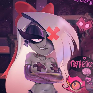 biting lip, bow, gloves, grey skin, hazbin hotel, long hair, looking at viewer, nifty, panties, pasties, speech bubble, text, tudduls, vaggie, vaggie (hazbin hotel)