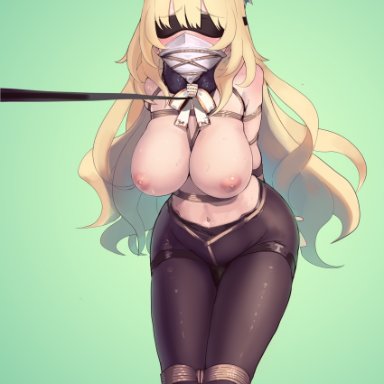 absurdres, areolae, arms behind back, atago (kantai collection), beret, black blindfold, black legwear, blindfold, blonde hair, blue headwear, blush, bondage, bound, bound arms, bound legs