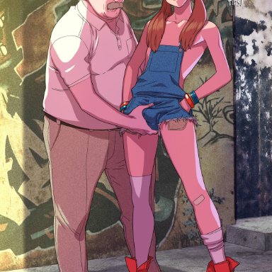 2boys, androgynous, beanie, bimbo, bracelet, brown eyes, brown hair, bulge, femboy, girly, happy, kneehighs, overalls, smile, tagme