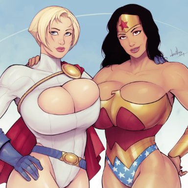 2girls, abs, breast press, breasts, cleavage, dc, devil hs, diana prince, female, female only, huge breasts, karen starr, leotard, looking at viewer, muscles