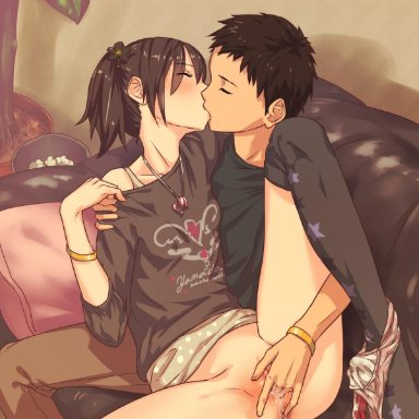 1boy, anus, black legwear, black shirt, blush, bottomless, bra strap, breast press, breasts, brown hair, casual, closed eyes, clothes writing, collarbone, couch