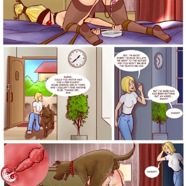 accidental zoophilia, ball gag, bed, blindfold, blonde hair, bondage, canine, canine penis, clock, collar, comic, cum in uterus, cum inside, dialogue, disarten