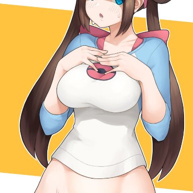 1girls, blue eyes, blush, bottomless, breasts, brown hair, cleavage, clothed, clothing, curvy, digital media (artwork), female, female focus, female only, hat