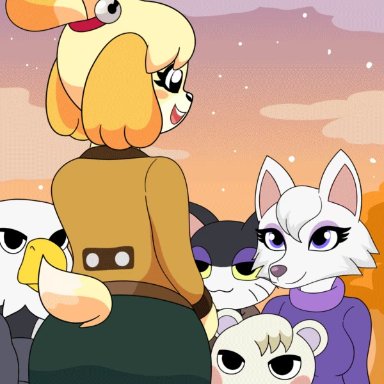 :3, 2girls, 3boys, alfa995, animal crossing, animated, anthro, apollo (animal crossing), ass, assisted exposure, audience, avian, bird, black eyes, blonde hair