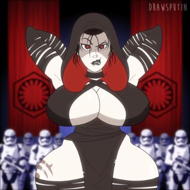 animated, armpits, bare thighs, big breasts, black hair, breasts, busty, cleavage, cleavage cutout, drawsputin, eyebrow piercing, female, female focus, female only, first order stormtrooper