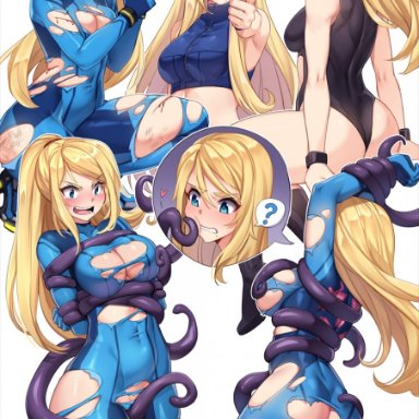 blonde hair, blue eyes, bodysuit, clothing, female, gloves, gun, hair, human, iwbitu, long hair, mammal, metroid, nintendo, ponytail