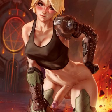 1futa, armor, blonde hair, blush, bottomless, crop top, dickgirl, doom, doomgal, dripping precum, erect penis, erection, futa only, futanari, precum