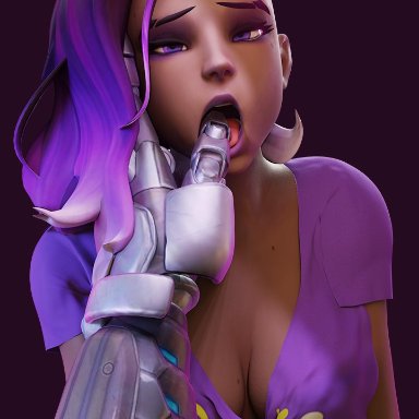 1girls, cleavage, dark-skinned female, discko, DisckoA, female, finger in mouth, latina, looking at viewer, mccree, mexican, open mouth, overwatch, sombra, tongue