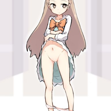 1girls, 2019, belly, bottomless, brown eyes, brown hair, censor bar, censored, clothed, clothing, dress, eye contact, feet, female, female only