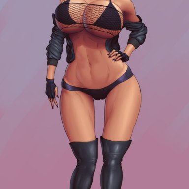 abs, bimbo, black bikini, black bra, black gloves, black hair, black nails, black panties, blue eyes, choker, cropped jacket, fingerless gloves, fishnet shirt, fishnets, glasses