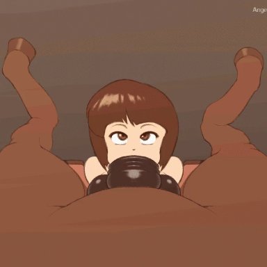 2019, 2d animation, angelauxes, animated, balls, bestiality, big balls, big breasts, bodily fluids, breasts, brown background, brown eyes, censored, cum, cum in mouth
