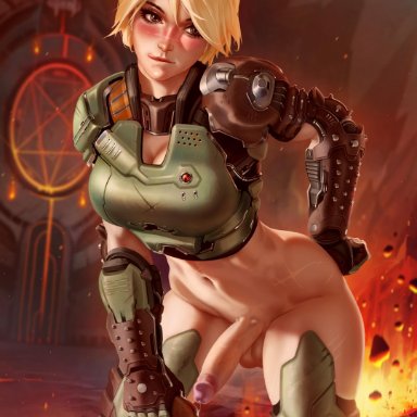 1futa, armor, blonde hair, blushing, bottomless, dickgirl, doom, doomgal, dripping precum, erect penis, erection, futa only, futanari, precum, scarred