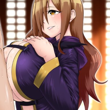 1boy, ahoge, bangs, blurry, blurry background, blush, breast squeeze, breasts, brown eyes, brown hair, cleavage, clothed female nude male, clothed sex, commentary request, eyelashes