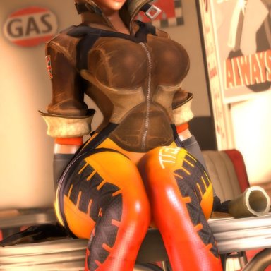 1girls, arm support, bomber jacket, breasts, brown hair, freckles, half-closed eyes, large breasts, legs, looking at viewer, overwatch, short hair, sitting, smile, thick thighs