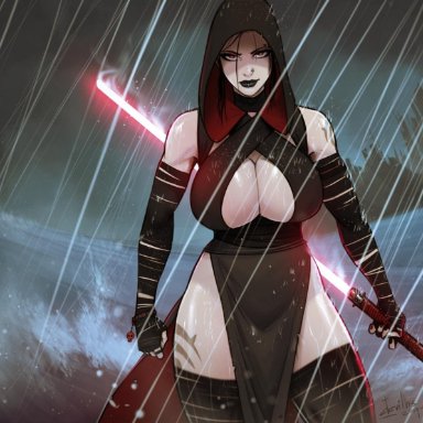 1girls, athletic female, black hair, black lipstick, cleavage, cleavage cutout, dark persona, death star, devil hs, double bladed lightsaber, energy sword, eyebrow piercing, female, female only, goth