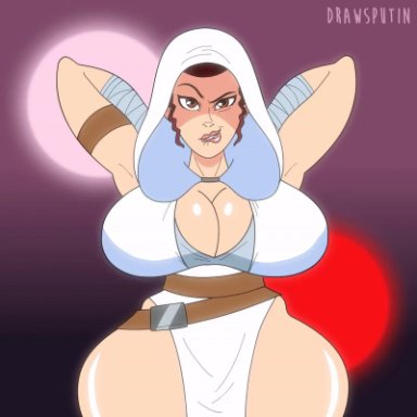 animated, bare thighs, big breasts, brown eyes, brown hair, busty, cleavage, cleavage cutout, drawsputin, female, female focus, female only, gif, hood, hourglass figure