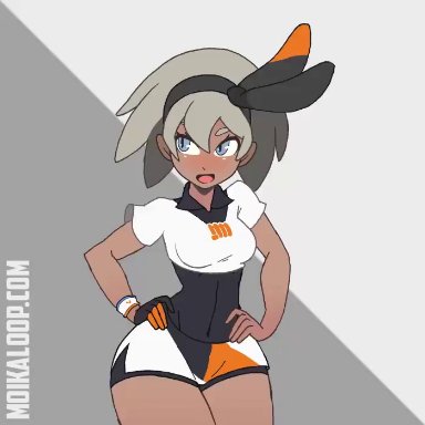 1girls, abs, alternate breast size, animated, ass, bea (pokemon), big ass, blue eyes, bodysuit, bottom heavy, bouncing breasts, bracelet, breasts, cleavage, clothed