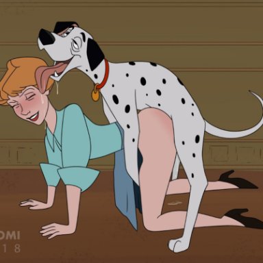 101 dalmatians, anita radcliffe, ass, blonde hair, canine, clothed, clothing, disney, female, fikomi, on all fours, pongo, smile, white fur, zoophilia