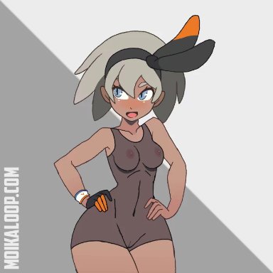 1girls, abs, alternate breast size, animated, ass, bea (pokemon), big ass, blue eyes, bodysuit, bottom heavy, bouncing breasts, bracelet, breasts, cleavage, clothed