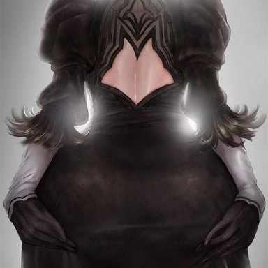 artist request, ass focus, back view, clinging, close-up, dat ass, dress, huge ass, japanese text, lighting, looking away, nier: automata, pawg, phat ass, taut clothes