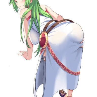 1girls, artist request, ass, ass grab, big ass, blush, dress, gem, green eyes, green hair, jewelry, kid icarus, long hair, looking at viewer, looking back