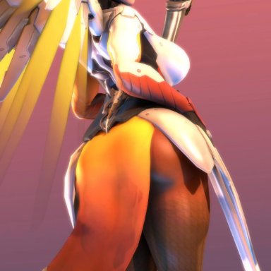 1girls, 3d, ass, big breasts, blonde hair, breasts, hand on ass, holding, holding weapon, large ass, lips, looking at viewer, looking back, mercy, overwatch