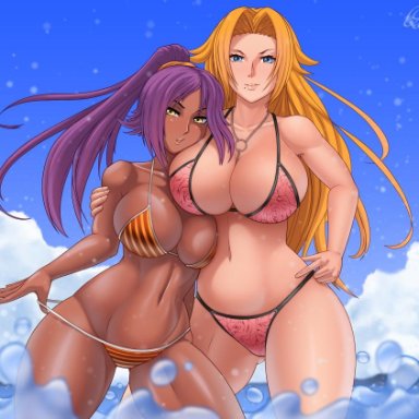 2girls, ass, ass visible through thighs, bangs, bare shoulders, beauty mark, big breasts, bikini, bleach, blue eyes, blush, breasts, cleavage, clothing, cloud