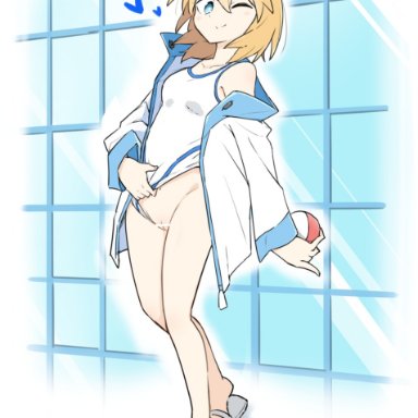 1girls, 2019, alternate hairstyle, armpits, belly, blue background, blue eyes, blush, breasts, censor bar, censored, clothed, clothing, eye contact, feet