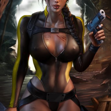 1gitomb raider, breasts, cleavage, clothed, collarbone, female, female only, gun, holding gun, holding weapon, in water, lara croft, logan cure, long hair, long ponytail