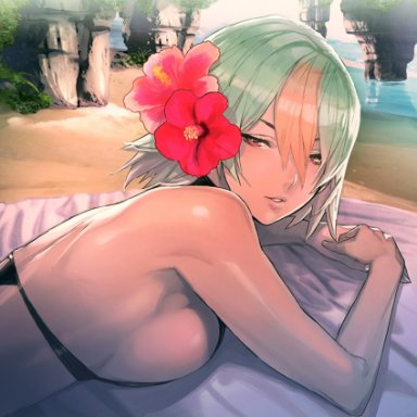 1girls, alternate costume, back, bangs, bare shoulders, beach, bikini, black bikini, blanket, breast press, breasts, dark skin, dark-skinned female, day, fire emblem