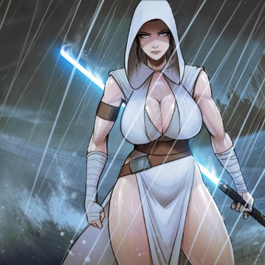 1girls, areolae, athletic female, big breasts, black hair, blue eyes, breasts, brown hair, busty, cleavage, death star, devil hs, double bladed lightsaber, female, female focus