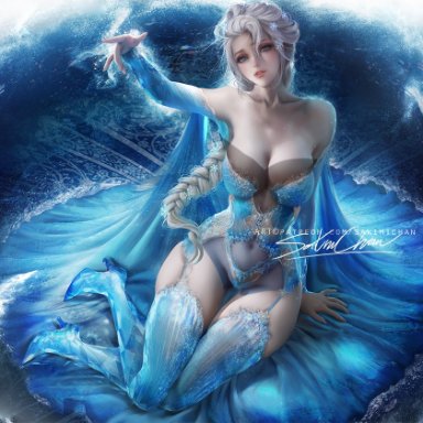 1girls, big breasts, breasts, cleavage, disney, elsa (frozen), female, female only, frozen (movie), large breasts, looking at viewer, sakimichan, solo, thick thighs, wide hips