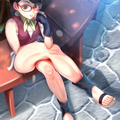 amaaay zing, black eyes, black hair, boruto: naruto next generations, feet, glasses, high heels, k.ty (amejin), legs, legs crossed, naruto, painted nails, painted toenails, sarada uchiha, shiny skin