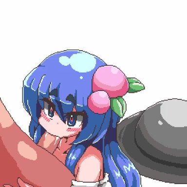 1boy, 1girls, animated, aoihitsuji, blue hair, fellatio, hat, heart-shaped pupils, pixel art, tagme, tenshi hinanawi, touhou, white background