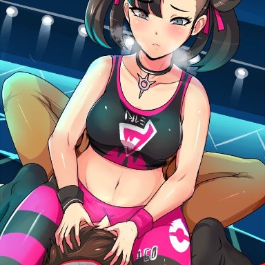 1boy, 1girls, abs, alternate breast size, alternate outfit, belly, blue eyes, breasts, brown hair, choker, clothed, cunnilingus, facesitting, feet, female