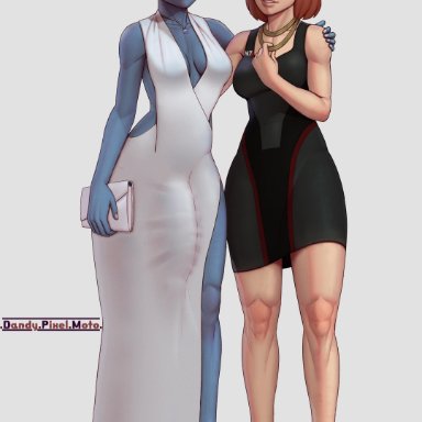 1futa, absurdres, asari, big penis, bulge, commander shepard, dandypixelmoto, dickgirl, erection, erection under clothes, female, femshep, futanari, highres, liara t'soni