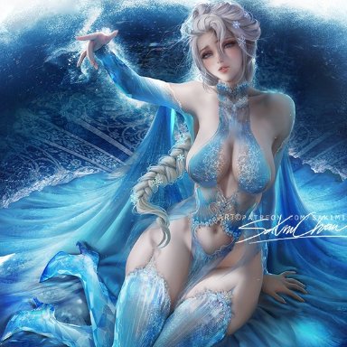 1girls, big breasts, breasts, cleavage, disney, elsa (frozen), female, female only, frozen (movie), large breasts, looking at viewer, sakimichan, solo, thick thighs, wide hips