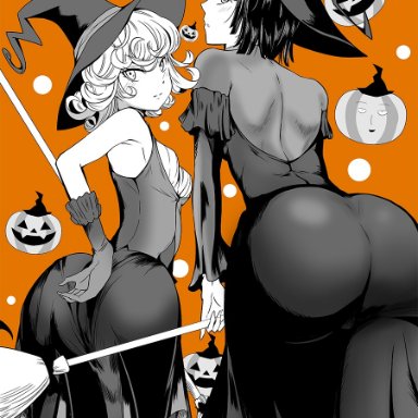 2girls, alternate costume, ass, big ass, blush, cosplay, embarrassed, fubuki, halloween, huge ass, impossible clothes, looking at viewer, looking back, one punch man, sisters