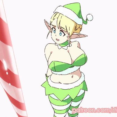 animated, bimbo, blonde hair, bouncing breasts, christmas outfit, cleavage, curvy, elf, elf ears, elf-san wa yaserarenai, erufuda-san, funny, hat, huge breasts, rtil