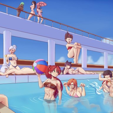 13girls, 6+girls, areolae, ass, assisted exposure, bikini, bikini top removed, blake belladonna, breasts, cinder fall, cruise ship, emerald sustrai, female only, melanie malachite, miltiades malachite