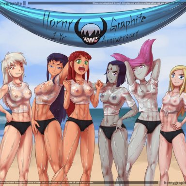 6girls, abs, areolae, bare legs, bare midriff, blackfire, breasts, contest, dc, dc comics, dcau, female, female focus, female only, hornygraphite
