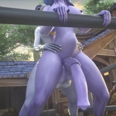 2futas, 3d, animal genitalia, animated, ass, ball slapping, balls, balls touching, big balls, big testicles, dickgirl, draenei, erection, from behind, futa on futa