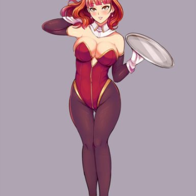 1girls, big breasts, bunny ears, bunnysuit, celica, celica (fire emblem), clothed, fire emblem, fire emblem echoes: mou hitori no eiyuuou, heels, holding object, red hair, revolverwingstudios, solo female, tight clothing