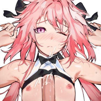 2boys, absurdres, animal ears, astolfo (fate), astolfo (saber) (fate), black bow, black neckwear, black shirt, blush, bow, bowtie, bunny ears, crop top, crop top lift, cum