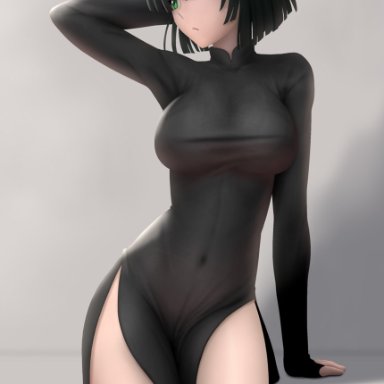 big breasts, black hair, female only, fubuki, green eyes, onepunch man, see-through, short hair, siraha, solo, tight clothing