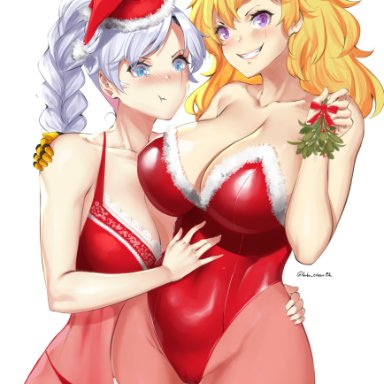 2girls, big breasts, blush, breasts, christmas, cleavage, female, female only, large breasts, looking at viewer, lulu-chan92, rwby, santa hat, thighhighs, weiss schnee