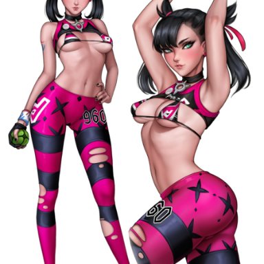 1girls, abs, aged up, alternate breast size, alternate outfit, armpits, aroma sensei, artist name, ass, black hair, clothing, eye contact, female, female only, green eyes