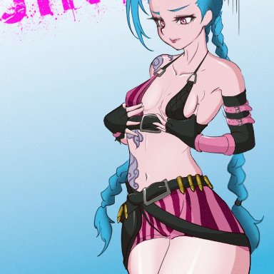 ahe gao, animated, big breasts, blue hair, blush, breast expansion, jinx (league of legends), js (wlstjd9595), league of legends, long hair, red eyes, slideshow, solo, tattoos, tongue out