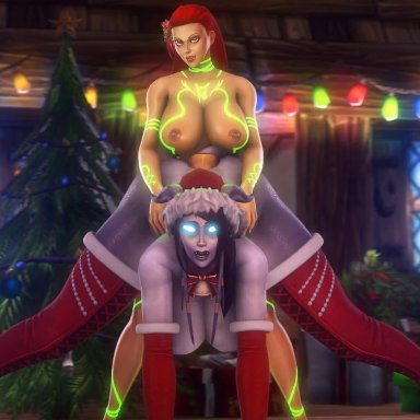 1futa, 1girls, ambiguous penetration, animated, areolae, arm tattoo, ass, bell, bent over, black hair, blue eyes, breasts, chest tattoo, christmas, christmas lights