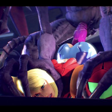 1boy, 1girls, 3d, animated, ass, bayernsfm, big penis, blonde hair, blue eyes, bodysuit, erection, female, from behind, male, metroid